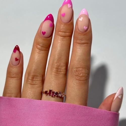 24PCS Red & Pink Almond False Nails - Almond Nails with Heart-Shaped Design, Short French Tip False Nails, Handmade Stick On Nails for Women Daily Wear & Occasions (24 Pcs, Multiple Sizes)