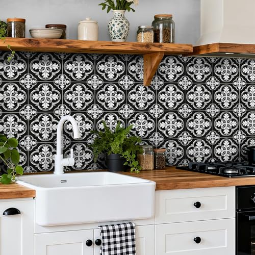 Mosaikfliesen Selbstklebend 15x15 cm Grau Schwarz Marokko Tile Sticker Wasserdicht PVC Selbstklebende Fliesen für Schrank Möbel Bad Küchen Deko Fliesenaufkleber 24 Stück