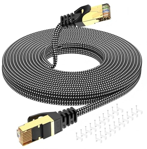 LLQINV CAT8 Ethernet Cable 20M 1-Pack Flat Braided 40Gbps 2000MHz RJ45 Network Cable + 20 Wall Clips for Gaming, PS5,Xbox,Router,Modem,PC Smart TV