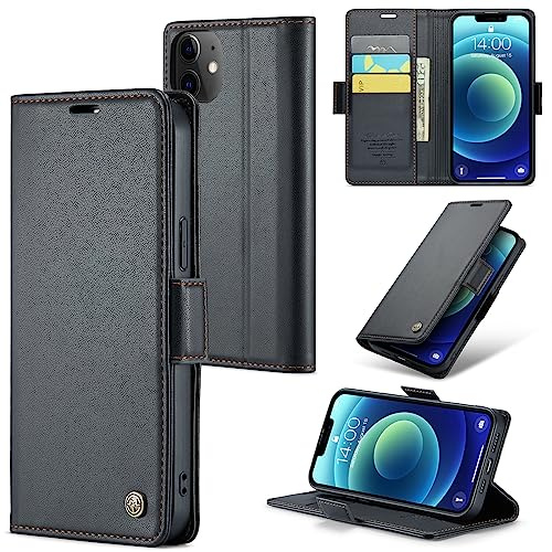 Idhiem for iPhone 12 Flip Case, PU Leather Wallet Cover with RFID Blocking, Magnetic Closure Card Holder and Kickstand, Shockproof Protective Case- Black