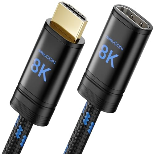 deleyCON 2 m 8K HDMI 2.1 Extension Cable - for TV, Monitor, PS4, PS5, Xbox, Dolby Atmos Soundbar EARC HDR10+ 48Gbps Cable Extension Coupling Adapter - 8K@60Hz, 4K@120Hz/144Hz, 2K@240Hz