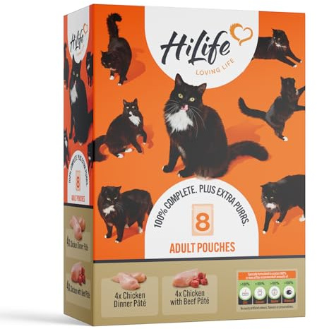 HiLife Adult Wet Cat Food, Mixed Chicken Pate Recipes, Complete Cat Food Pouches, 100% Natural and Grain Free, Chicken Dinner / with Beef (8 x 70g Pouches)