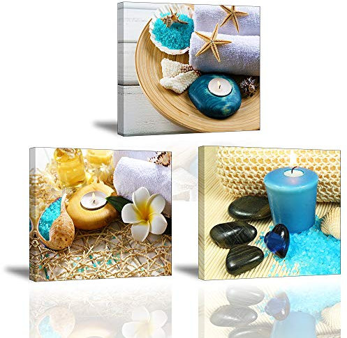 Piy Painting 3X Impression Contemporain sur Toile Spa Yoga Peinture en Bleu Bougie Pierre de médecine Tableaux Home Déco, Impermeable, Prête à Poser, Mur Art pour Cuisine Salle Bain 30x30cm