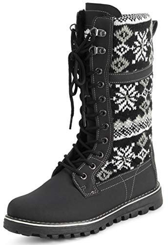 Polar Damen Kunstpelz Warm Thermal Wasserdicht Draussen Gehen Schnee Winter Gummisohle Wadenstiefel - Schwarz Gestrickt - UK4/EU37 - YC0609