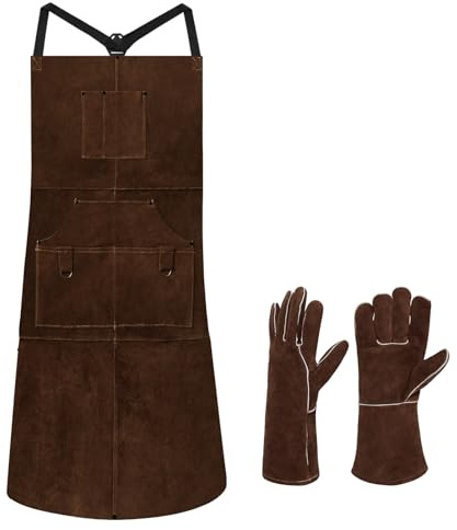 eletecpro Heavy Duty Leather Welding Apron Genuine Cowhide Flame & Heat Resistant Adjustable 42Lx24W with 6 Tool Pockets and Gloves for BBQ, Woodworking, Gardening, Men & Women Gift, Dark Brown