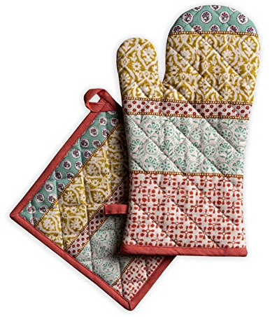 Maison d' Hermine Provence Ensemble de Gants de Four de (19cm x 33cm) et maniques de (20cm x 20cm), 100% Coton, pour Barbecue, Cuisson, Four, Micro-Ondes, grillades, Printemps/été, Pâques