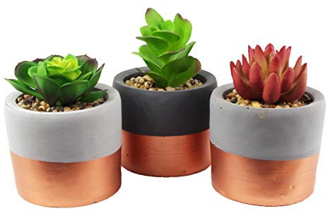 Leaf Set of 3 Ceramic Planters with Artificial, Stoneware, 3 X Mini Copper Band Plants, 14cm