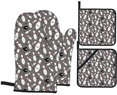 Happy Bowling Ninja Oven Mitts and Pot Holders Set Heat Resistant Oven Gloves for Kitchen Cooking Baking Grilling Microwave