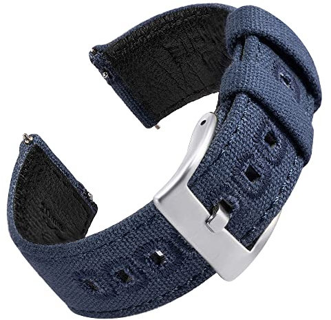 EACHE Uhrenarmband 20mm, Segeltuch und Leder Hybrid Uhrenarmbänder für Herren, Armband für Uhr mit Schnellverschluss (Marine Blau-Silber-Schnalle)