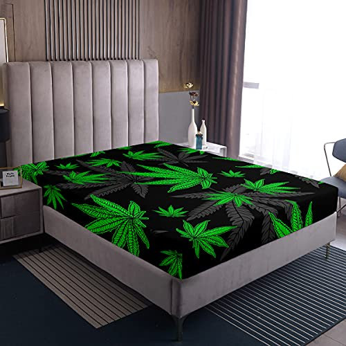 Marihuana Unkrautblatt Spannbettlaken,Cannabisblätter Bettwäschesets Cannabis Vibrant Grün Spannbettlaken Gothic Nature Plants Spannbettlaken Schwarzgrau Marihuanablatt Bettwäsche-Dekor-Set, 140x200