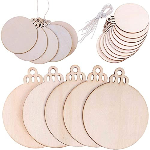50 Stück Neust Weihnachten Holz Ornamente DIY Unlackierte Runde Holz Scheiben Runde Holzornamente mit Juteschnur für Zuhause Party Weihnachts Hängende Dekorationen & Kunsthandwerk DIY Geschenk