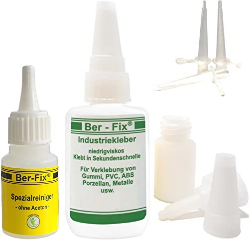 Ber-Fix Industriekleber mittelviskos (100 mPas) 50g leicht dickflüssig + Reiniger & Fein Spitzen universell einsetzbar für Industrie und Heimwerker extra stark für Kunststoff Metall Holz PVC