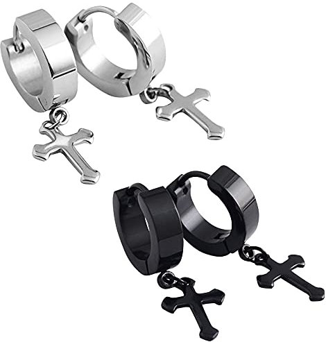 Zeayebsr 2 paires Acier Inoxydable Clou d'oreille, Boucles d’Oreilles avec Croix pour Femme Homme Argent Noir Boucles d’Oreilles Piercing en Acier Inoxydable Style Simple Classique