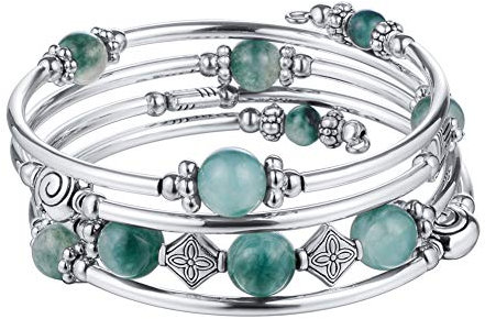 Bulinlin Damen Wickelarmband mit Achat Stein Silber Mehrschichtiges Perlen Armbänder Geburtstags Modeschmuck Geschenk für Frauen(09-Jade Green)
