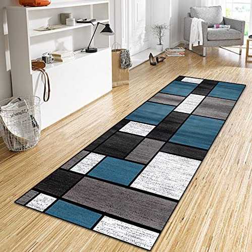 WTHYGB Teppich Läufer Flur Küche 100x400 cm, Modern rutschfest Waschbar Küchenläufer Flurläufer, Lang Polyester Plaid Muster Navy Blau Teppichläufer für Korridor, Schlafzimmer, Innen Wohnzimmer