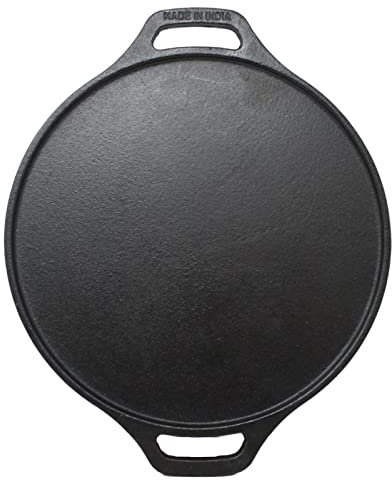 GK Global Kitchen Cast Iron Dosa Tawa Flat Round Tava Crepe Pancake Pan Roti Chapati Tawa Double Handled Indian Flat Bread Pan Griddle Heavy Duty Hob StoveTop Cookware, Black, 30cm