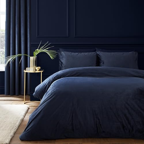 Catherine Lansfield Kingsley Matt Velvet Double Duvet Cover Set Navy Blue
