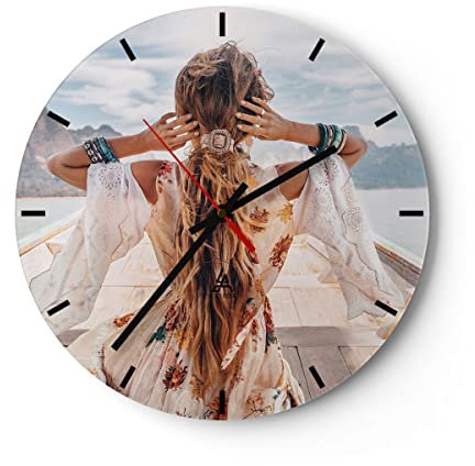 Modern Wanduhr Frau Boot Rücken 30x30cm Rund Klein Wand Uhr Glas Analog Zimmeruhren Küche Büro Wohnzimmer Glasuhr Wall Clock Dekoration Design Wanddekoration Küchenuhr C3AR30x30-5059