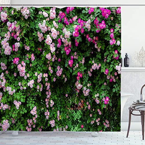OCEUMACO Shower Curtain 3D Garden View for Wet Room Extra Long Outdoor Scene Fence Flowers Bathroom Curtains Anti Mould Proof Resistant 180 x 180 cm Waterproof with Hooks Eyelets - Green Pink