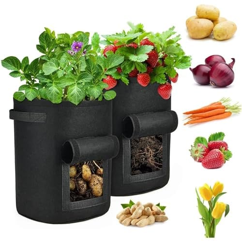 SunStream Pflanzbeutel mit Fenstern (2 Liter) Atmungsaktiver Stoff Pflanzen Gemüse Anzuchtbeutel Pflanzen Tomaten, Gemüse, Erdbeere mit Fensterklappe und Griffen