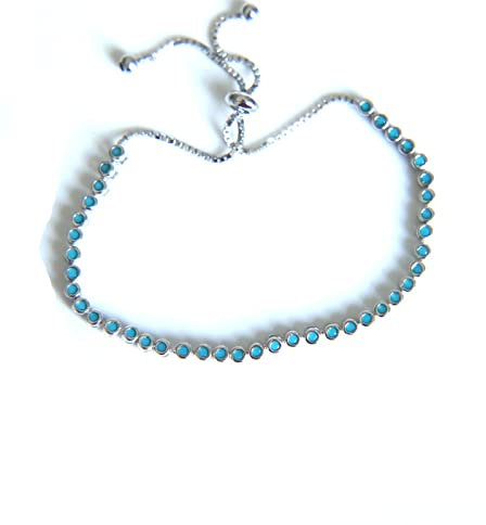 MGRAS Türkis Bezel Set Tennis 925 Sterling Silber Verstellbar Kette zart Mädchen Damen Silber Armbänder und Armreifen