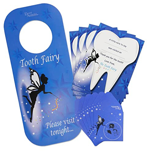 Set de regalo de hada de los dientes ~ 8 sobres, 4 certificados y 1 colgador de puerta (azul)
