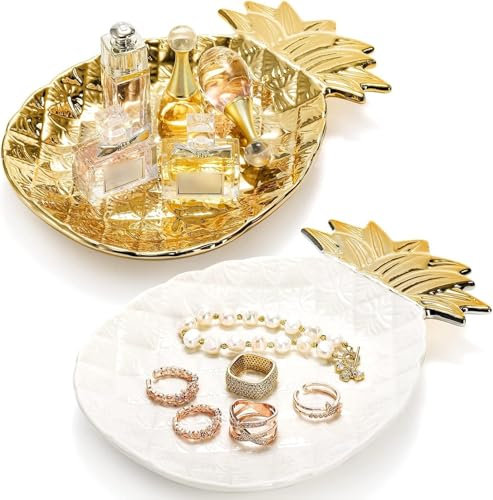 Hiceeden 2 Pack Ceramic Jewelry Dish Tray, 5.4 Decorative Ring Dish Jewelry Plate Holder, Large Capacity Trinket Dish Gifts for Woman, Mom, Friends, White & Gold Pineapple