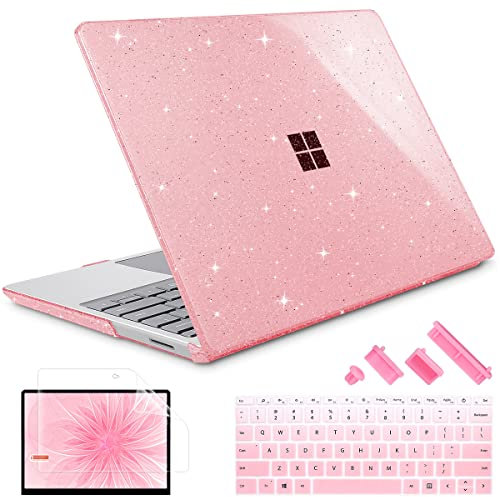 Lepeoac Compatible with 12.4 inch Microsoft Surface Laptop Go 3 Go 2 Go 1 Models: 1943 2013(2023 2022 2020 Release, Plastic Hard Shell Case with Keyboard Cover & Screen Protector, Sparkly Pink