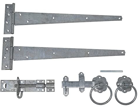 Gate Latch Kit Bundle, 2 x Tee Hinges, Brenton Padlock, Plain Ring Handle Gate Latch with Fixings (Galvanised)