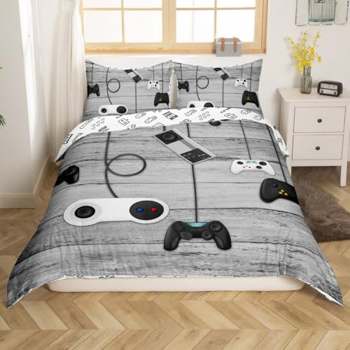 3D Cool Gamepad Duvet Cover Set Single Size, Modern Gamer Gaming Comforter Cover Video Games Bedding Set 2pcs for Kids Boys Teens Room Decor, Grey Wood Board Quilt Cover with 1 Pillowcase