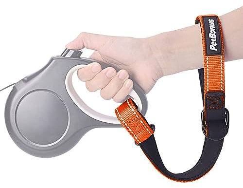PetBonus Kurze Hundeleine, Sicherheitsarmband für Rollleine Hundeleine, Reflektierende Nähte und Verstellbarer, weich gepolsterter Handgriff, Extraschicht Sicherheit für Kinderwagen (Orange)