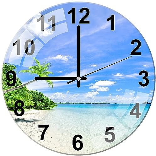 ALEENFOON Wanduhr aus Glas 30cm Lautlos Nicht Tickend Dekorative Runde Wanduhr für Wohnzimmer Küche Schlafzimmer Flur Büro (Strand)