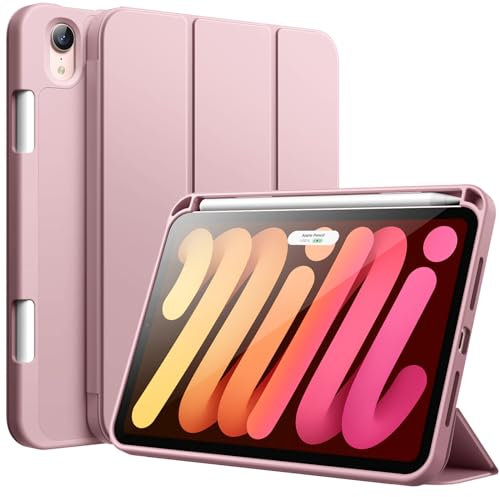 JETech Hülle für iPad Mini (A17 Pro, 2024 Modell, 7. Generation) / Mini 6 (2021 Modell, 6. Generation) mit Stifthalter, Dünne Tablet Schutzhülle mit Weicher TPU Rückseite (Rosa)