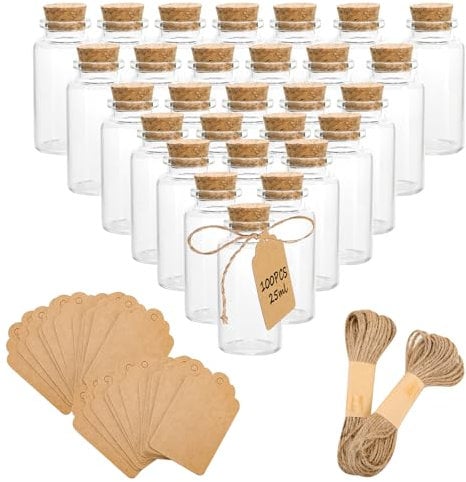100 Pack Mini Glass Bottles with Cork 25ml, Tiny Wish Bottles Mini Glass Bottles Wedding Favour, Mini Glass Vials with Cork Stoppers Label Tags and String for Crafts Decoration Wedding Party