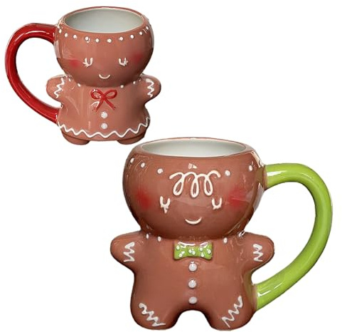 Dubbulon 2 Mugs Gingerbread - 600ml Gingerbread Man Shaped Mugs | Funny Cup with Handle | Cartoon Cute Ceramic Cup | Festive Design for Hot Drinks, Tea, Coffee, Hot Chocolate