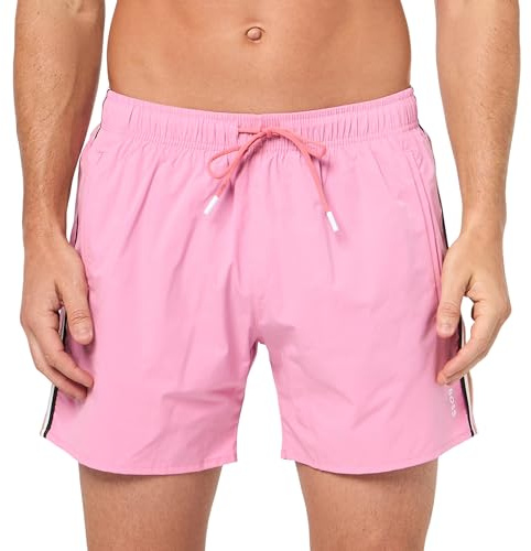 BOSS Men's Solid Swim Trunk with Iconic Side Stripe, Fresh Watermelon Pink, XL