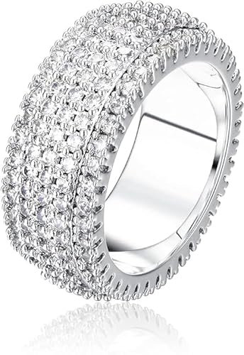 Dochais Ring für Herren Damen Personalisiert Breit Ringe 9mm mit Zirkonia Kristall Ring in 14K Vergoldet Glänzend Brandring Verlobungsring Antragsring Trauring (9, Silber)