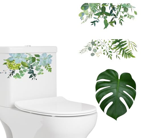 Toilet Seat Sticker and Decals - Green Plants Design for Cistern Wall, Lid, Bolt Covers - Decorative Bathroom Cabinet Stickers (4 Pack)