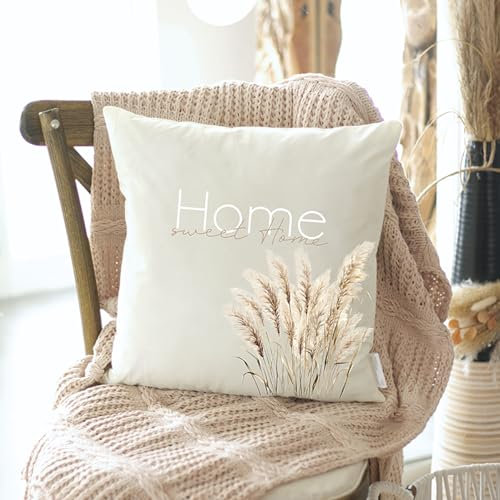 Nessy's Kreativ Fabrik | Kissen - Kissenhülle Home sweet home mit Pampas | Deko | als Geschenk | 100% Baumwolle (Creme)