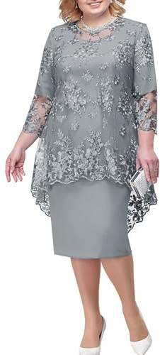 Zeiayuas Plus Size Dresses for Women UK Lace Floral Embroidered Cocktail Dress 3/4 Sleeve Elegant Midi Dresses Tunic Evening Dresses Sparkly Glitter Party Dresses Wedding Guest Gown