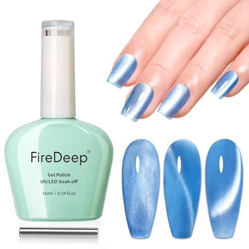 Firedeep Moonlight Blue Cat Eye Gel Nail Polish - 16ml Light Blue Holographic Shimmer UV/LED Gel Polish with Magnetic Stick