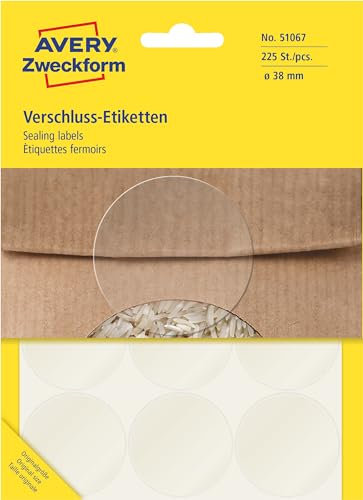 AVERY Zweckform Art. 51067 Verschlussetiketten transparent rund (225 Siegel Etiketten, Ø38mm, selbstklebende Punktaufkleber aus Folie, für Produkt- und Versandverpackungen, handbeschriftbar) 25 Blatt