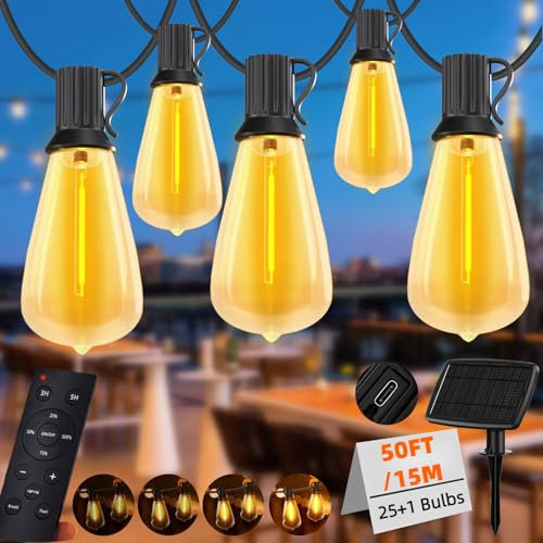 Gaoxun Solar Lichterkette Außen, 15M 50FT USB/Solar Lichterkette Aussen 25+1 ST38 Glühbirnen, Dimmbar, Timer, 10 Modus, IP65 Wasserdicht Outdoor Beleuchtung für Garten Balkon Terrasse Party, Warmweiß