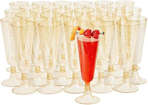 MATANA 50 Flûtes à Champagne en Plastique Réutilisables Premium à Paillettes Dorées, 150ml - Verres à Champagne, Coupes de Champagne pour Mariages, Anniversaires & Fêtes