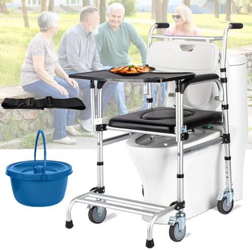 Spdazzleburst Sedia a rotelle da Toilette per Doccia 4 in 1, Sedia da Toilette da Comodino da 330 libbre con braccioli, con Secchio Rimovibile, Sedia da Toilette con Sedile con Ruote, per Elde,B