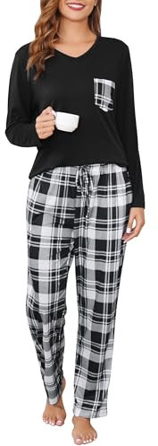 Sopesil Pyjama Femmes Hiver à Carreaux Ensemble de Pyjamas Long à Col en V Vêtement de Nuit 2 Pièces pour Femmes avec Poches,XL,Noir