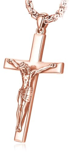 Eusense 925 Sterling Silber Kreuz Anhänger Rose Gold Kruzifix Jesus Christus Halskette Kruzifix Halskette Anhänger Religiös Katholisch Amulett Schmuck Schutz Geschenk für Männer Frauen