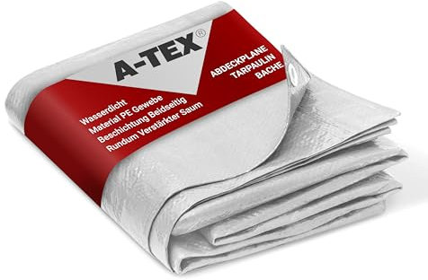 A-TEX® Abdeckplane 90g/m² (Weiß 8 x 12 m) | Verschiedene Stärken, Größen und Farben wählbar | Plane mit Ösen | Gewebeplane Gartenplane Bauplane Schutzplane | wasserdicht | reißfest | UV-stabilisiert