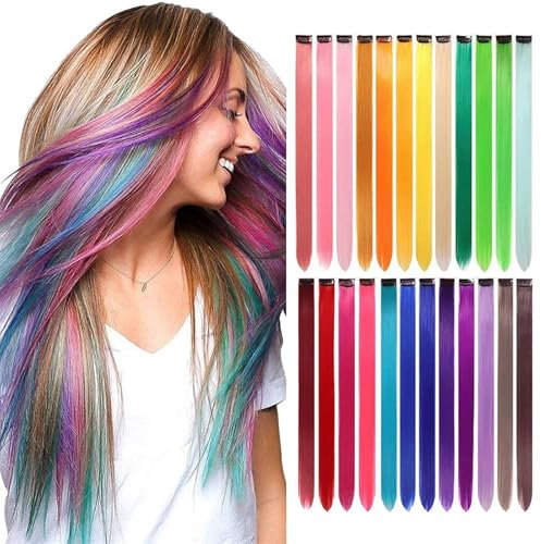 Auxemuen Colored Hair Extensions 22Inch Straight Color Clip in on Hair Extension Rainbow Party Highlights Synthetic Hairpiece for Girls (24colors)
