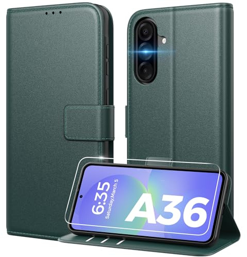 Peakally Handyhülle für Samsung Galaxy A36 5G Hülle, Dunkelgrün | Mit Panzer Schutz Glas, Kartenfach, RFID-Schutz, Fallschutz, Standfunktion, Premium PU-Leder Klapphülle für Galaxy A36